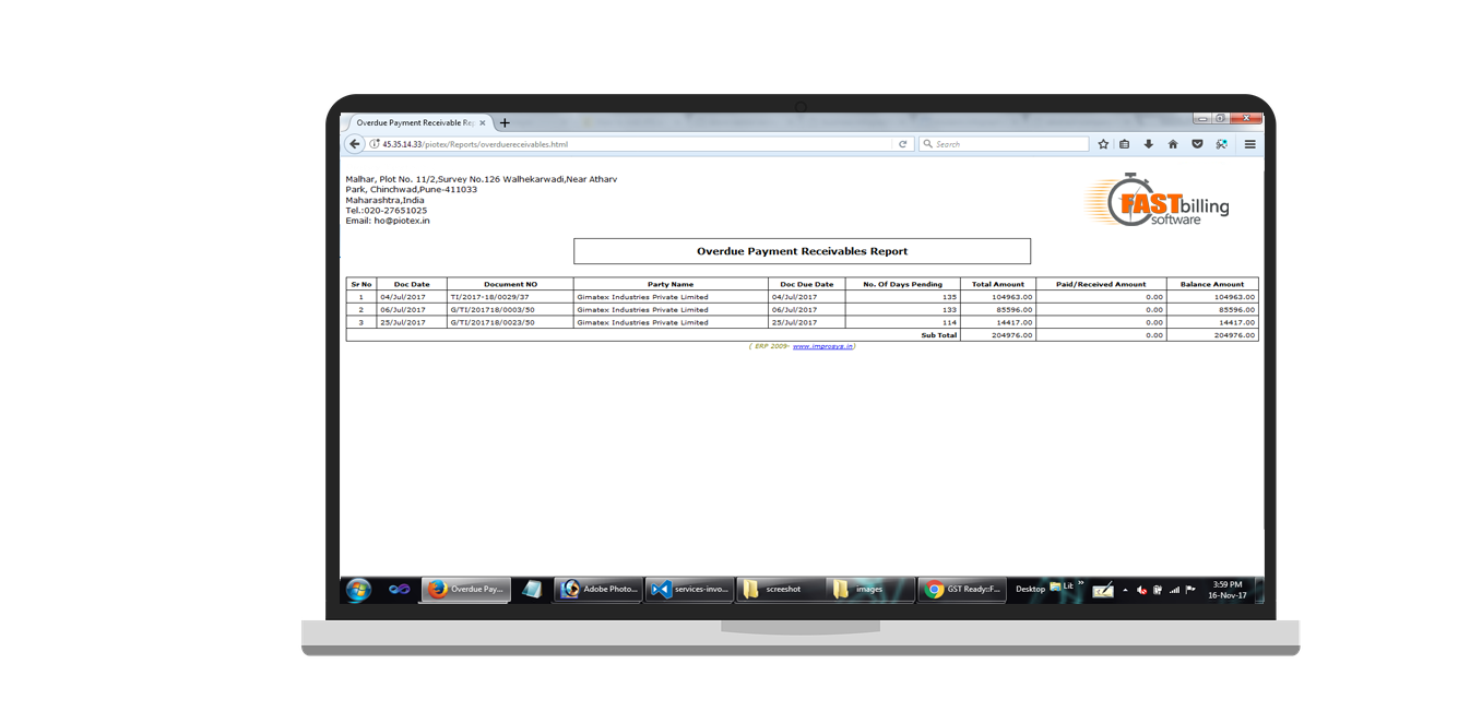 Manufacturing screenshot of invoice
